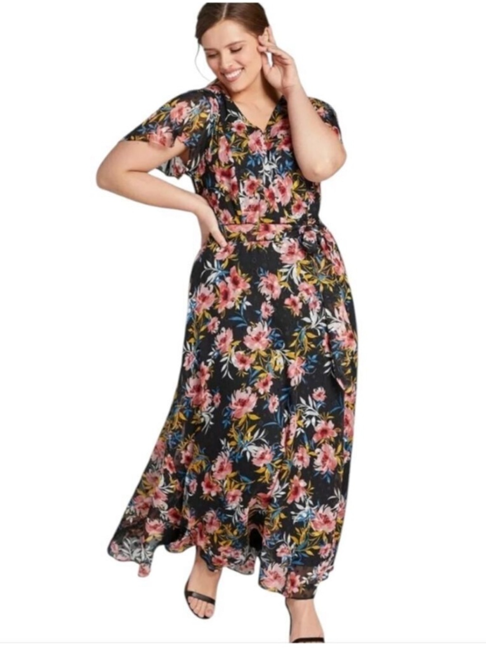 Lane Bryant Plus Size Maxi Dress in Black with Elegant Floral Design